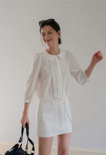 Peter Pan Collar Puffed Sleeve Drawstring Shirt