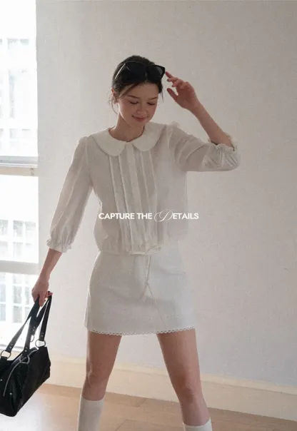 Peter Pan Collar Puffed Sleeve Drawstring Shirt