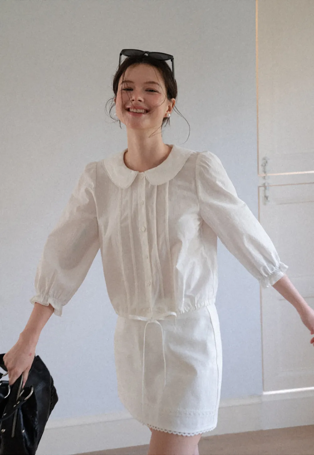 Peter Pan Collar Puffed Sleeve Drawstring Shirt
