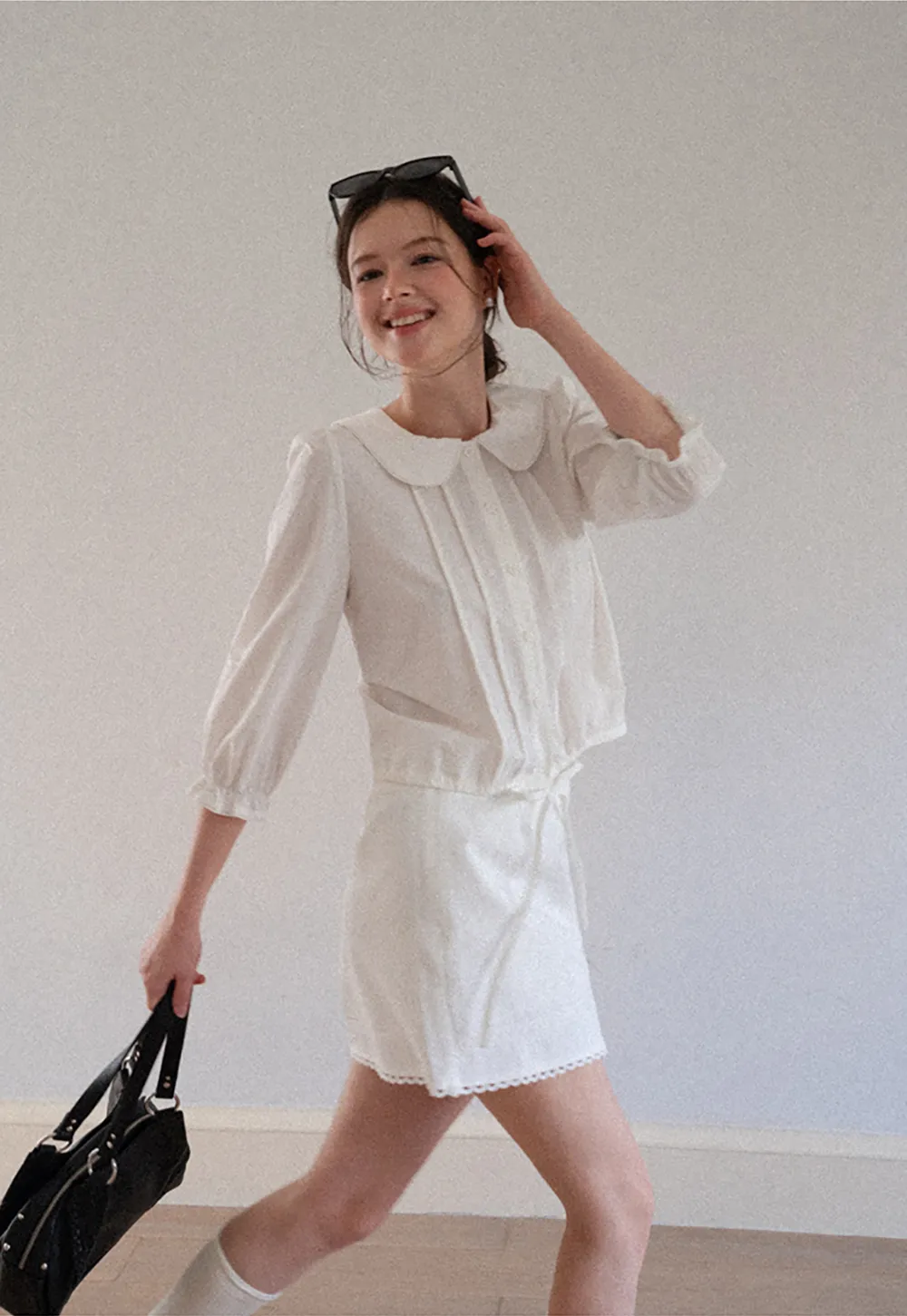 Peter Pan Collar Puffed Sleeve Drawstring Shirt