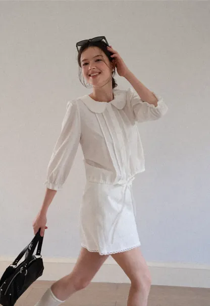 Peter Pan Collar Puffed Sleeve Drawstring Shirt