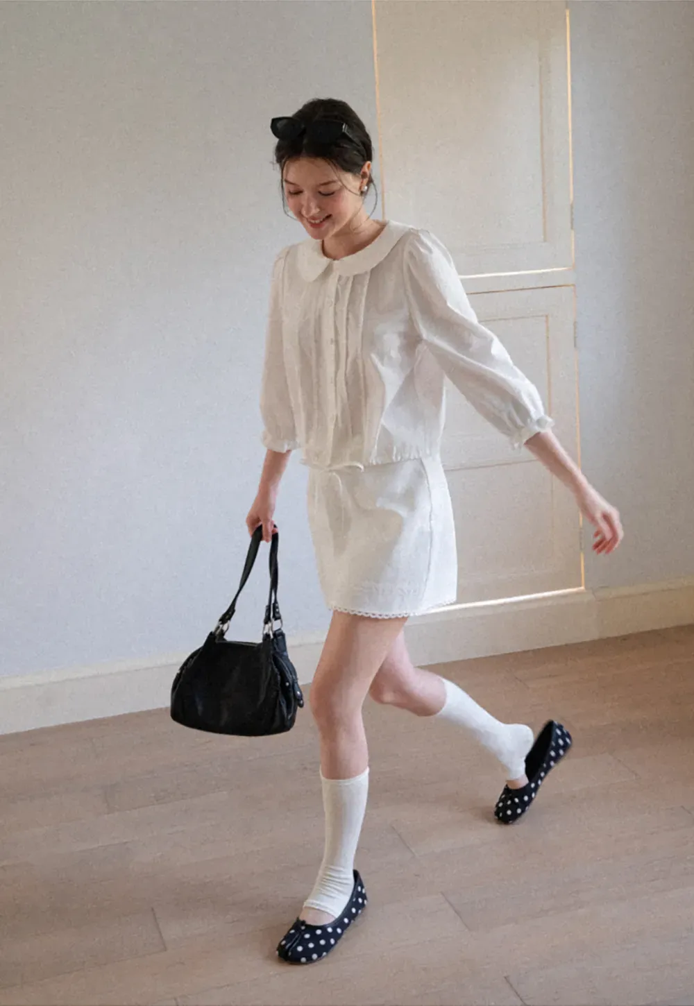 Peter Pan Collar Puffed Sleeve Drawstring Shirt