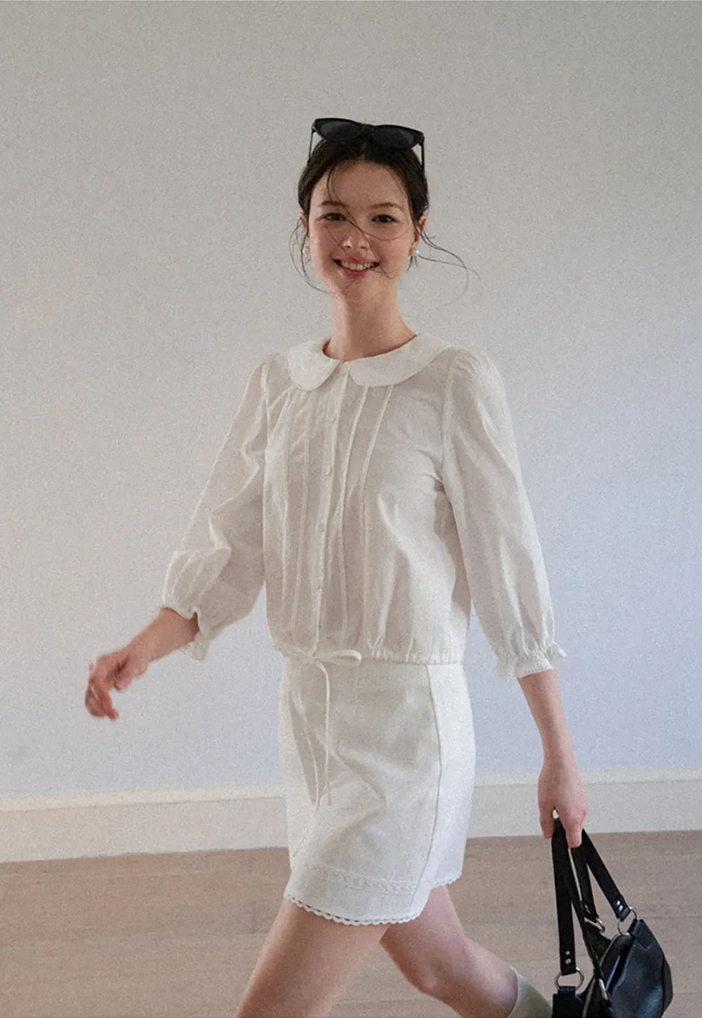 Peter Pan Collar Puffed Sleeve Drawstring Shirt