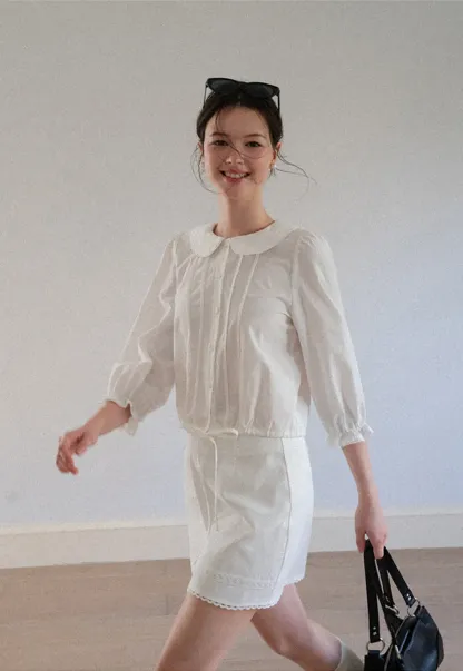 Peter Pan Collar Puffed Sleeve Drawstring Shirt