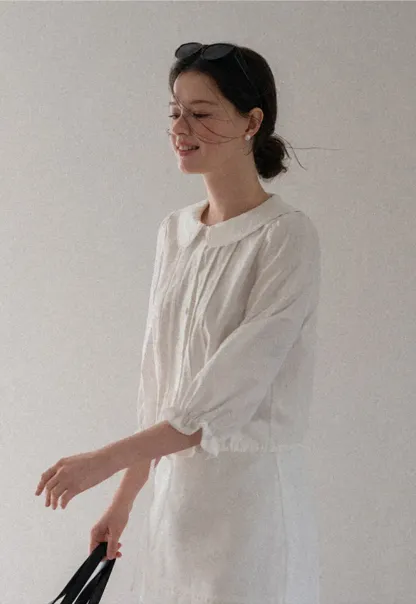 Peter Pan Collar Puffed Sleeve Drawstring Shirt