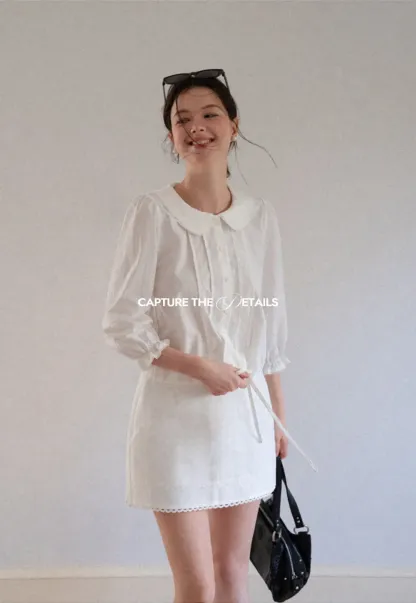 Peter Pan Collar Puffed Sleeve Drawstring Shirt