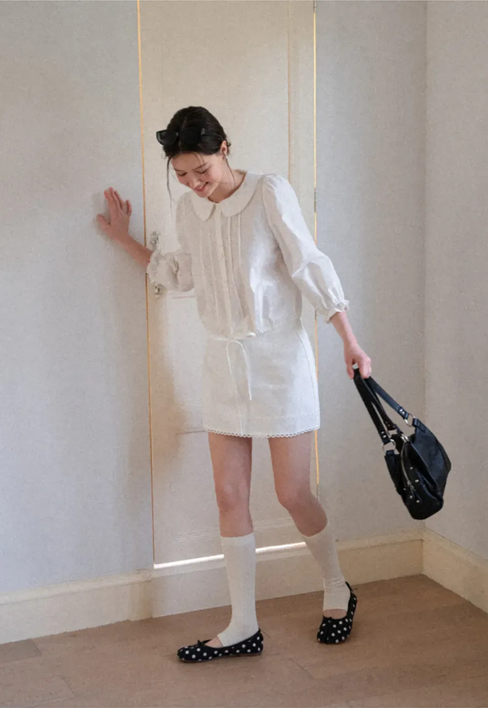 Peter Pan Collar Puffed Sleeve Drawstring Shirt