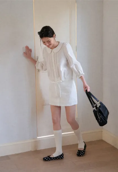 Peter Pan Collar Puffed Sleeve Drawstring Shirt
