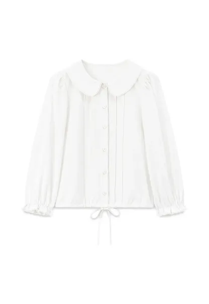 Peter Pan Collar Puffed Sleeve Drawstring Shirt
