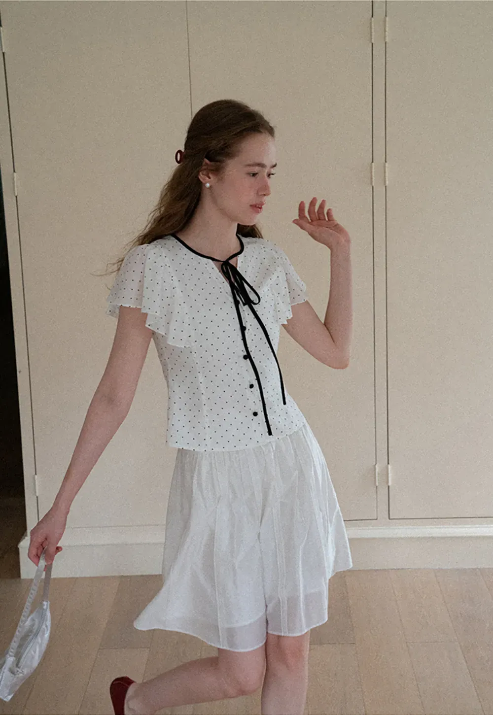 Polka Dot Ruffled Sleeve Button Front Shirt