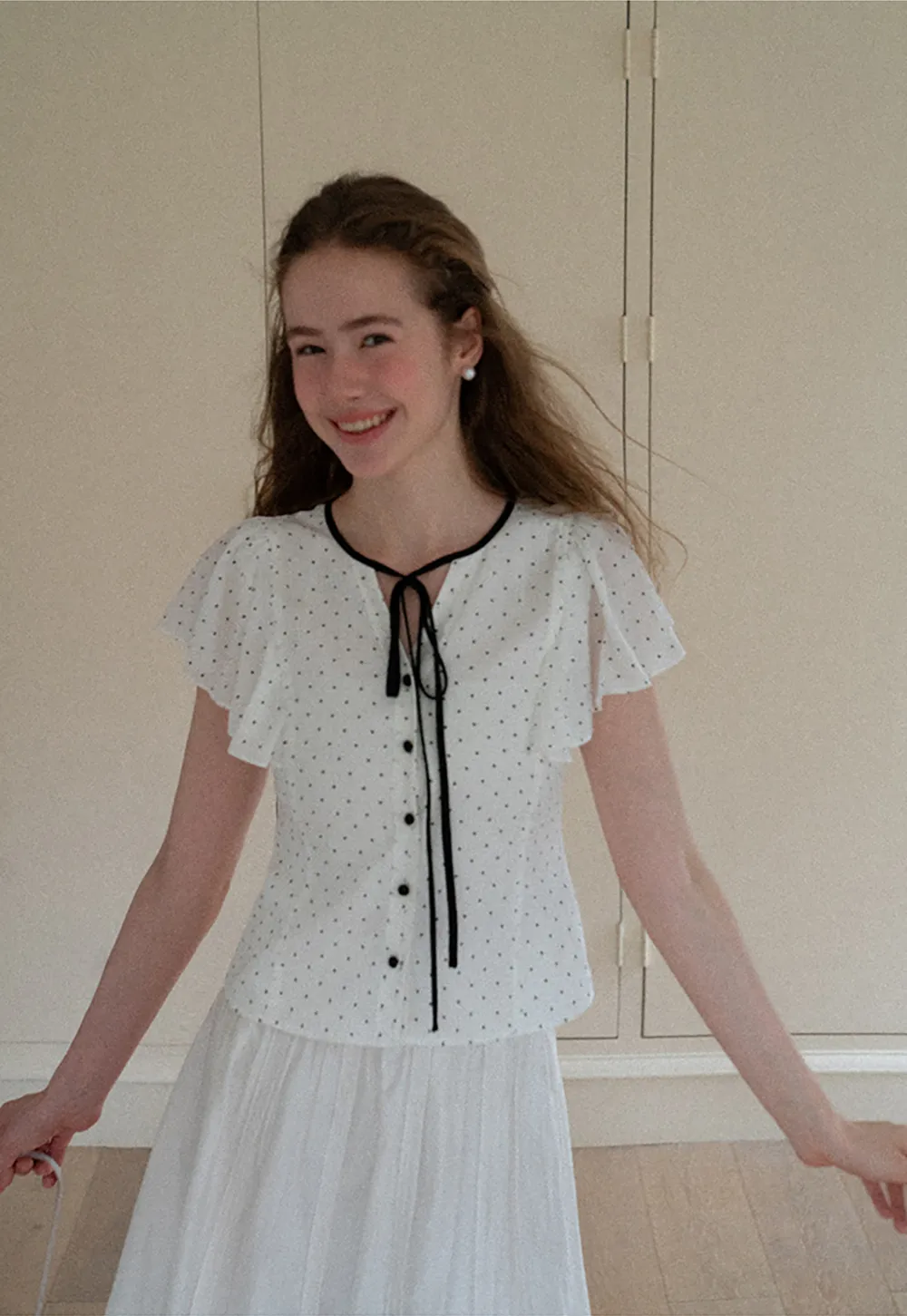 Polka Dot Ruffled Sleeve Button Front Shirt