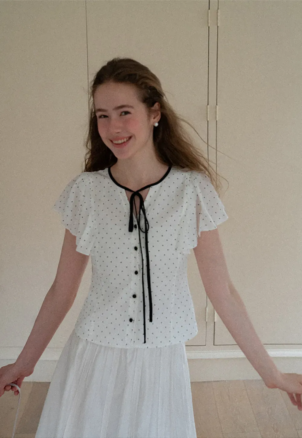Polka Dot Ruffled Sleeve Button Front Shirt