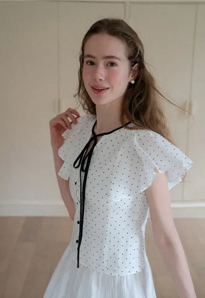 Polka Dot Ruffled Sleeve Button Front Shirt