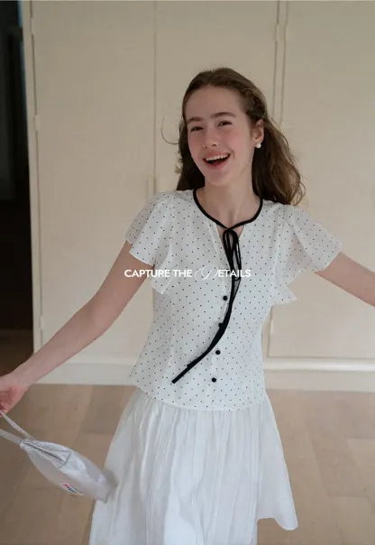 Polka Dot Ruffled Sleeve Button Front Shirt