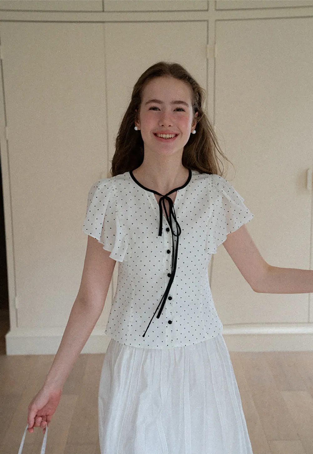 Polka Dot Ruffled Sleeve Button Front Shirt