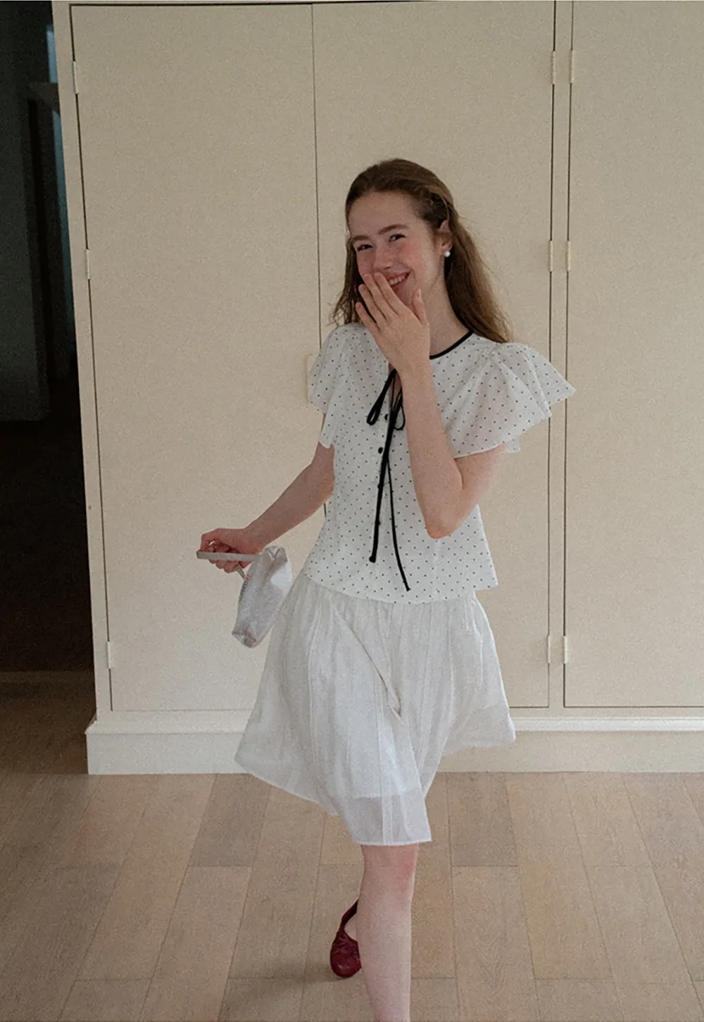 Polka Dot Ruffled Sleeve Button Front Shirt