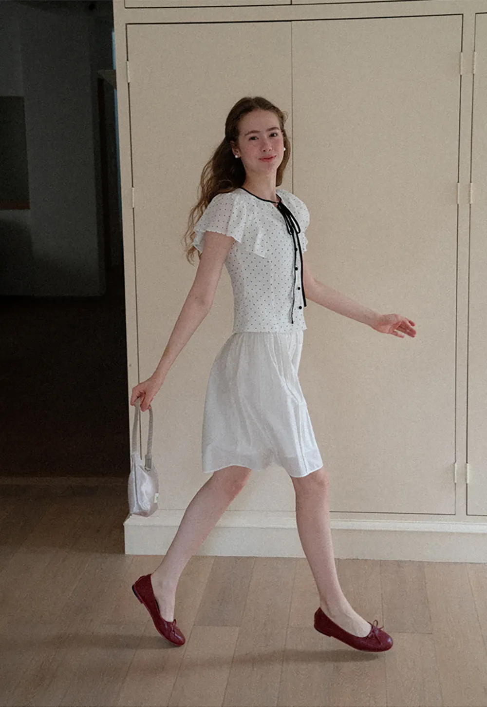 Polka Dot Ruffled Sleeve Button Front Shirt