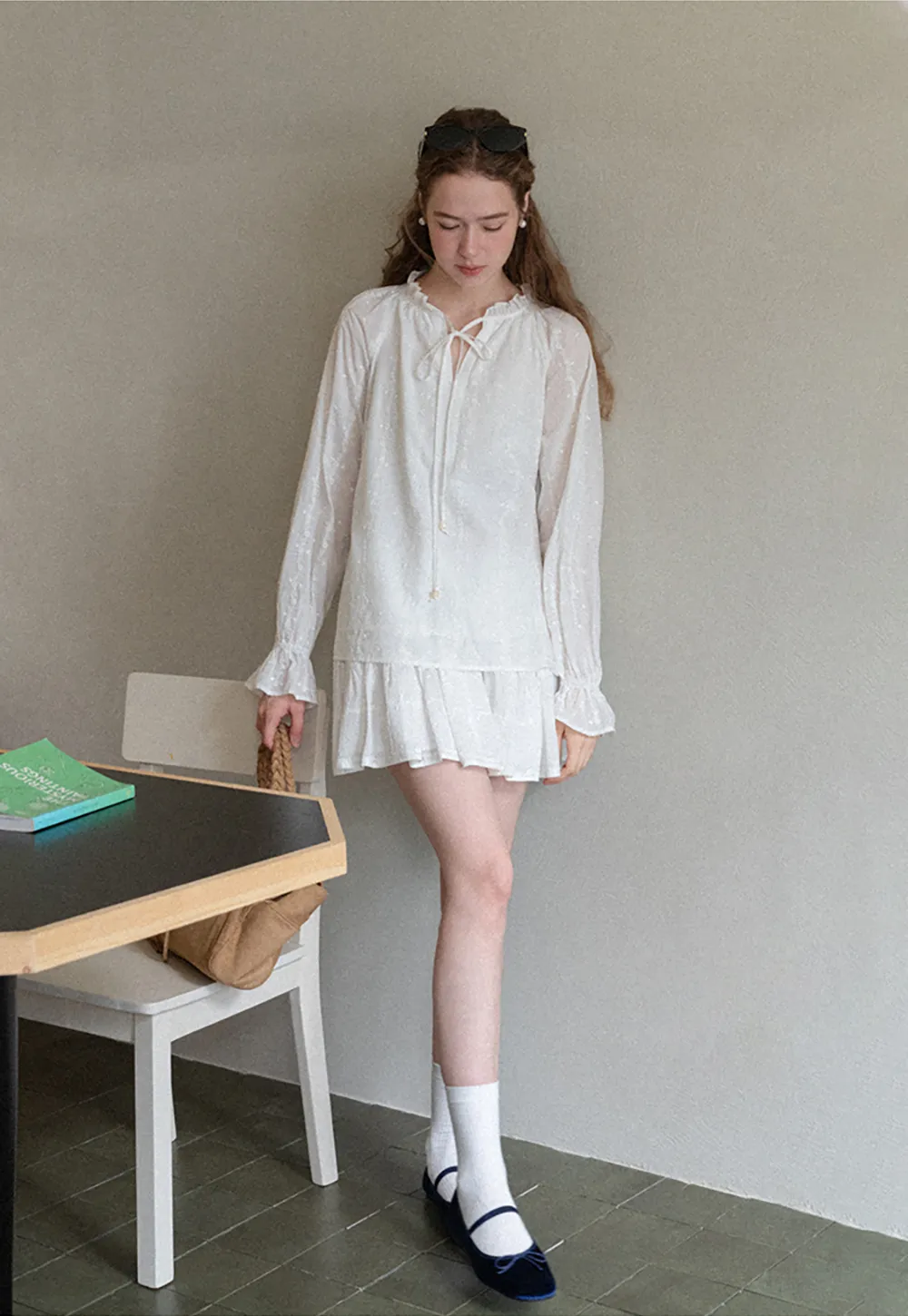 Ruffled Sleeve Lace Up Blouse and Tiered Skirt