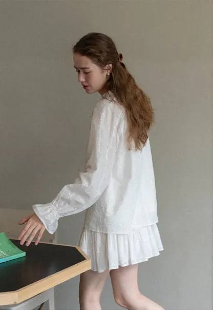 Ruffled Sleeve Lace Up Blouse and Tiered Skirt