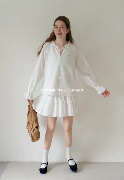 Ruffled Sleeve Lace Up Blouse and Tiered Skirt