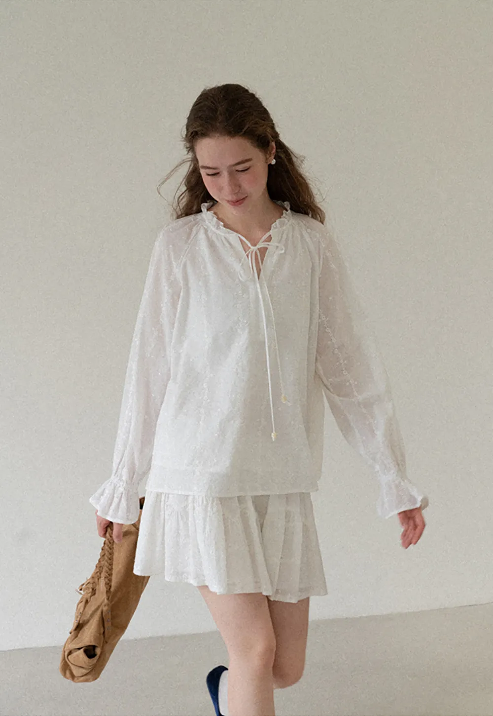 Ruffled Sleeve Lace Up Blouse and Tiered Skirt