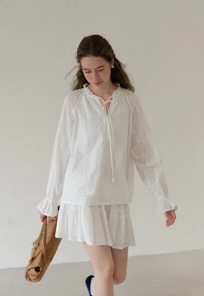 Ruffled Sleeve Lace Up Blouse and Tiered Skirt