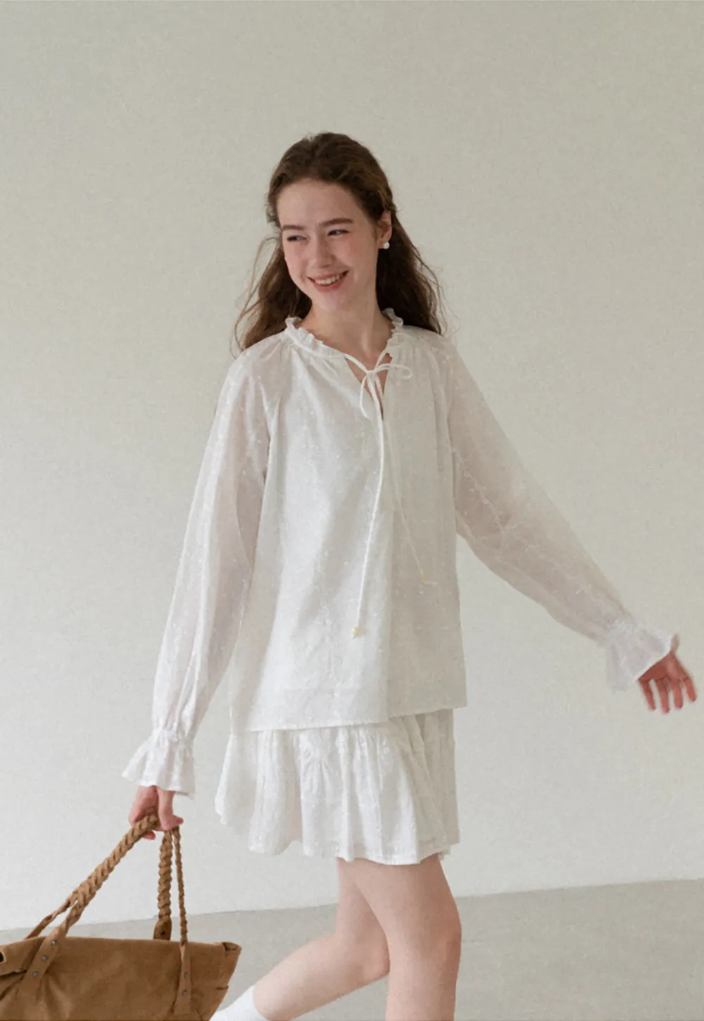Ruffled Sleeve Lace Up Blouse and Tiered Skirt