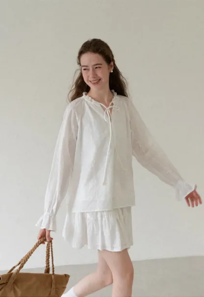 Ruffled Sleeve Lace Up Blouse and Tiered Skirt