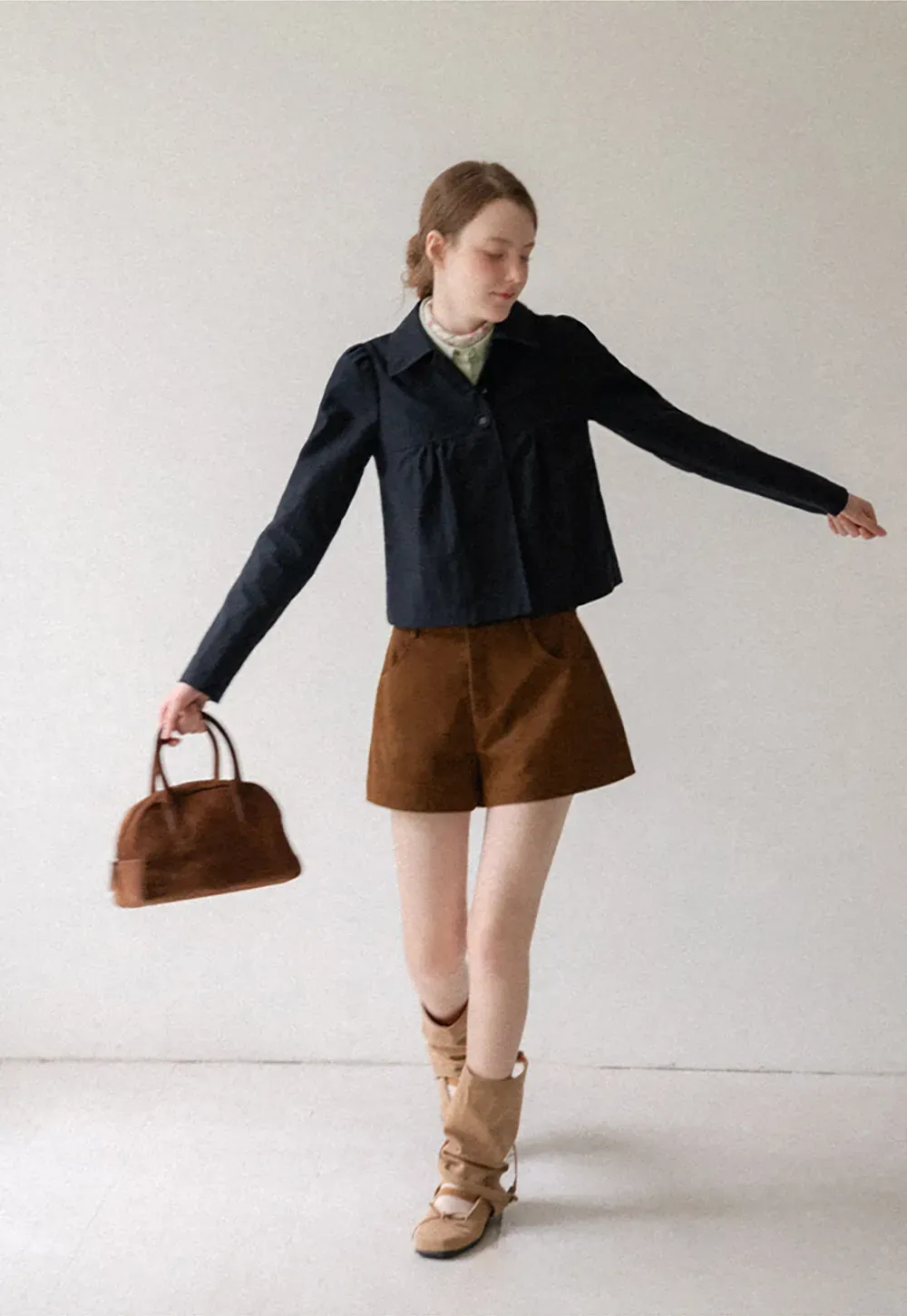 Cropped Shirt with Pleated Yoke and Collar