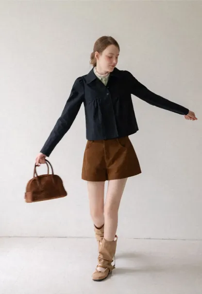 Cropped Shirt with Pleated Yoke and Collar