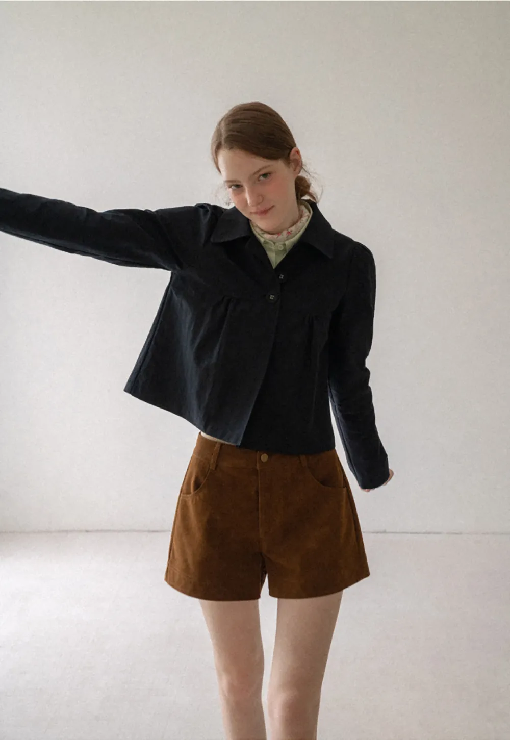 Cropped Shirt with Pleated Yoke and Collar