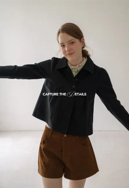 Cropped Shirt with Pleated Yoke and Collar