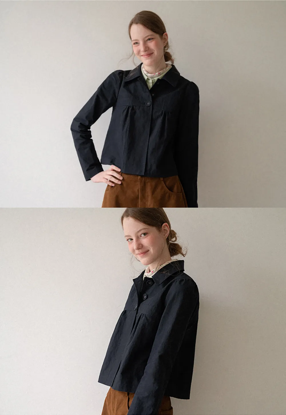 Cropped Shirt with Pleated Yoke and Collar