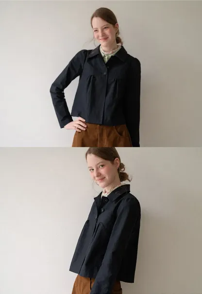 Cropped Shirt with Pleated Yoke and Collar