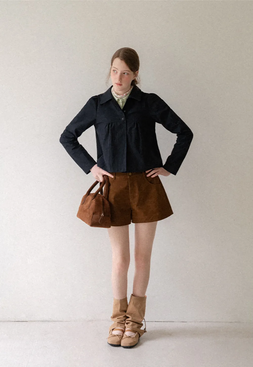 Cropped Shirt with Pleated Yoke and Collar
