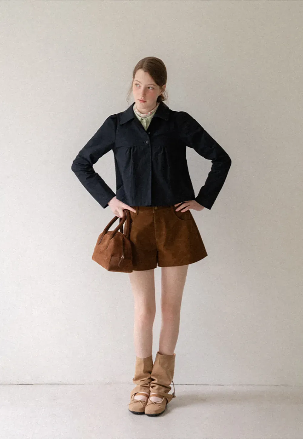 Cropped Shirt with Pleated Yoke and Collar