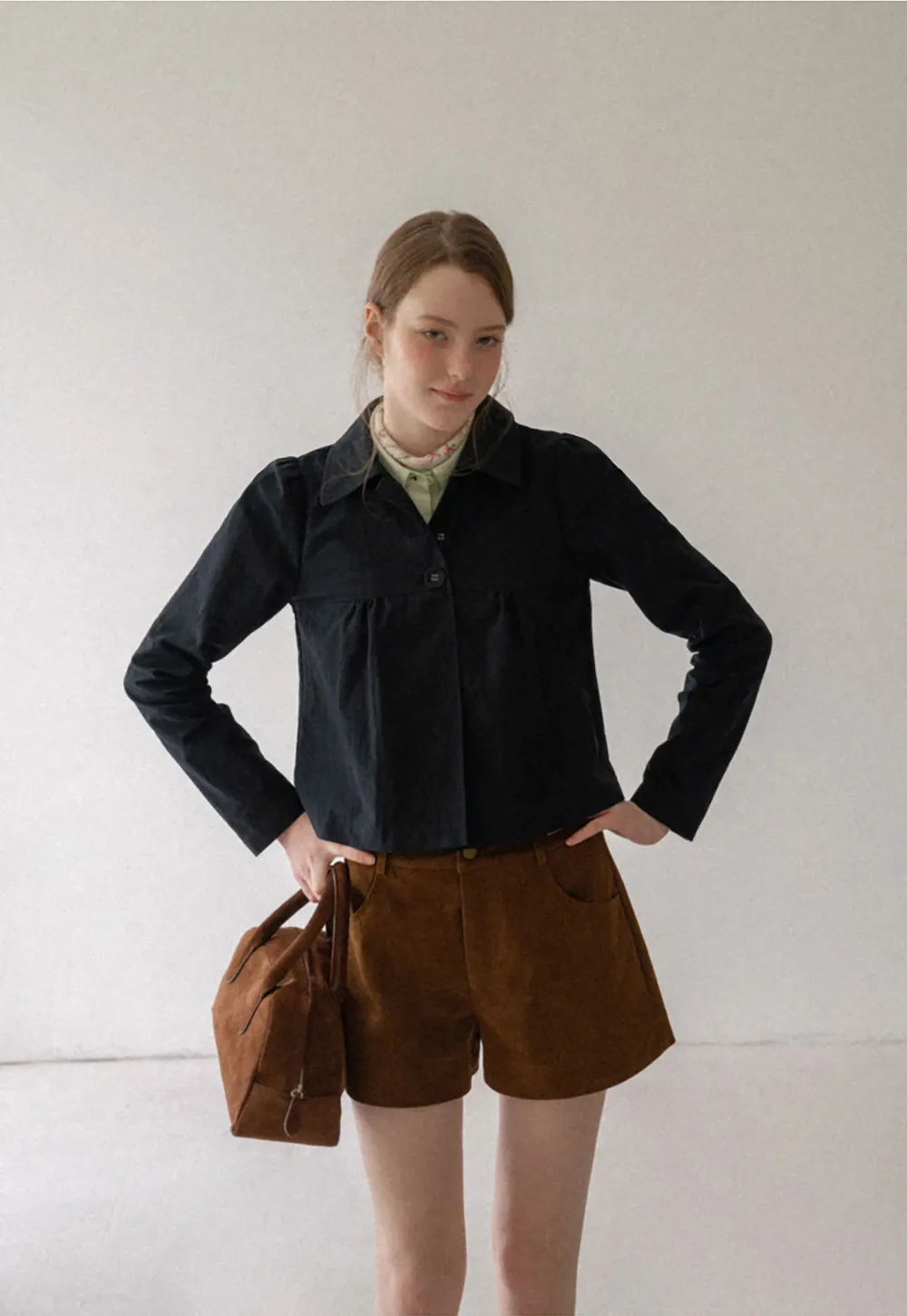 Cropped Shirt with Pleated Yoke and Collar