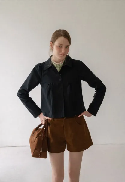 Cropped Shirt with Pleated Yoke and Collar
