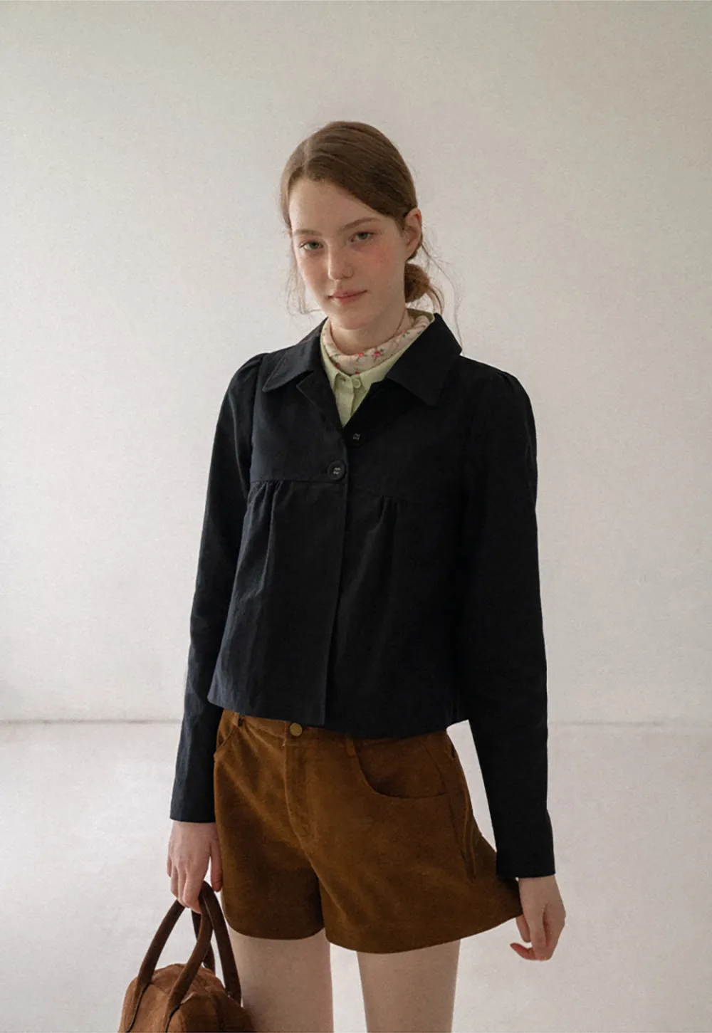 Cropped Shirt with Pleated Yoke and Collar