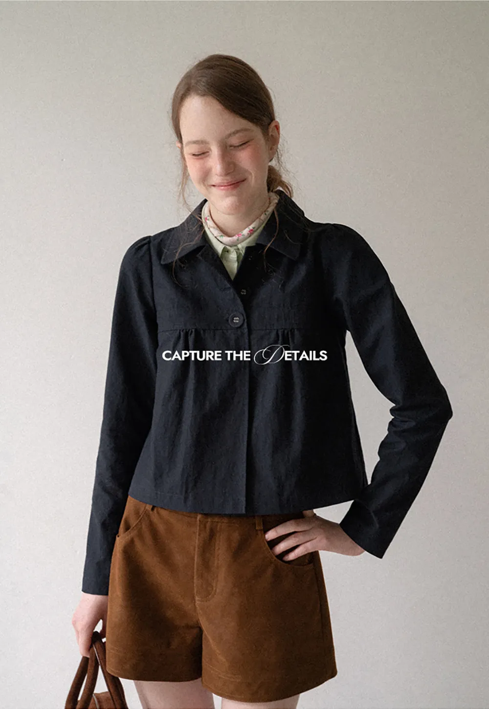 Cropped Shirt with Pleated Yoke and Collar