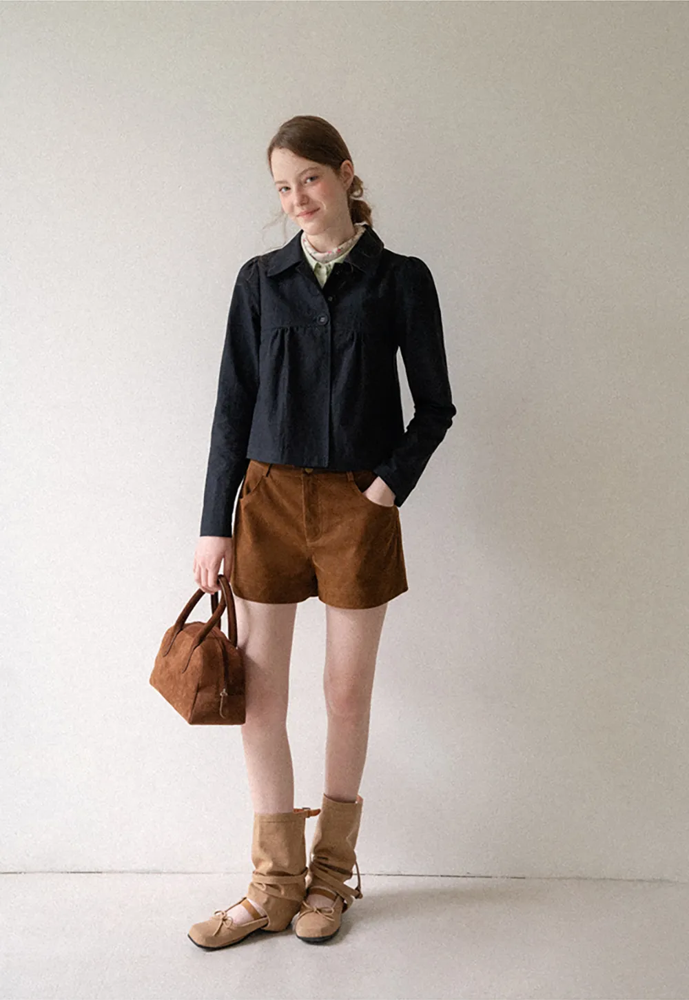 Cropped Shirt with Pleated Yoke and Collar