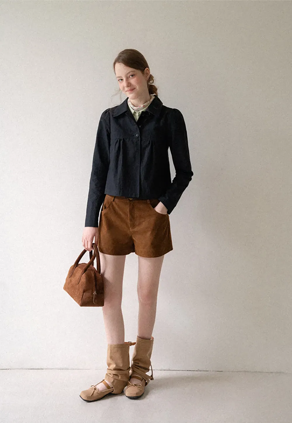 Cropped Shirt with Pleated Yoke and Collar