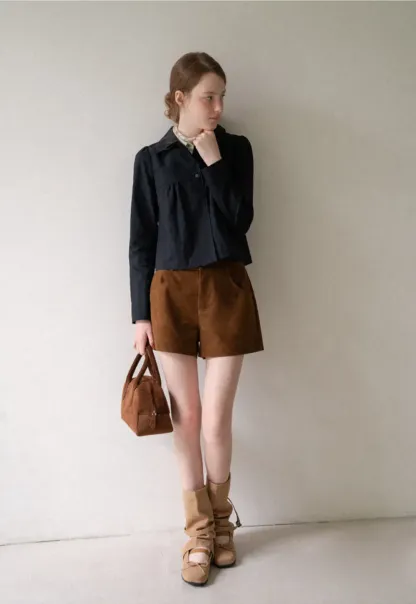 Cropped Shirt with Pleated Yoke and Collar