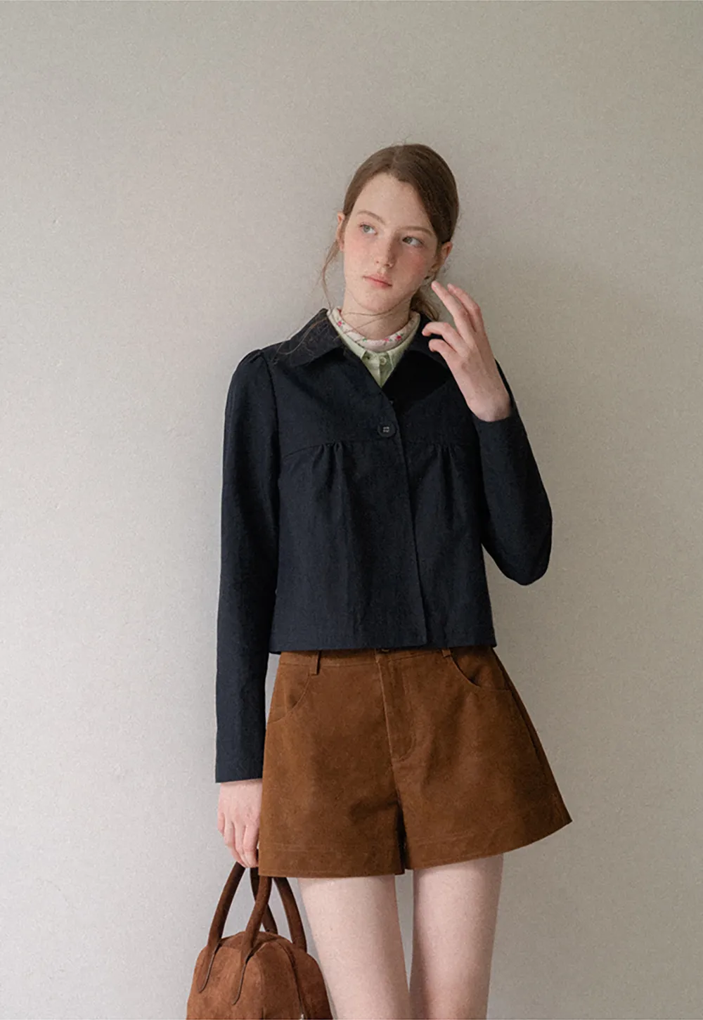 Cropped Shirt with Pleated Yoke and Collar