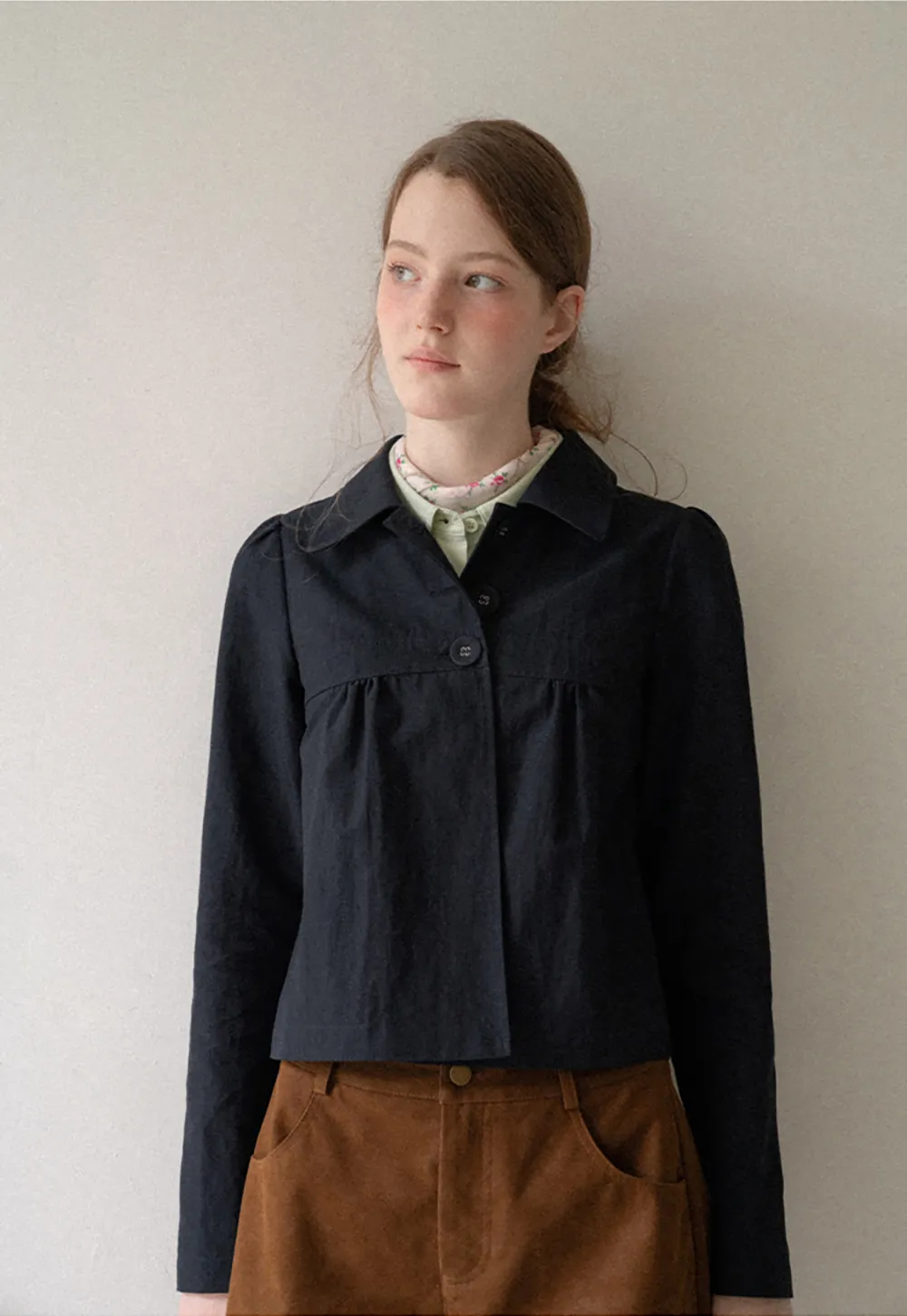 Cropped Shirt with Pleated Yoke and Collar