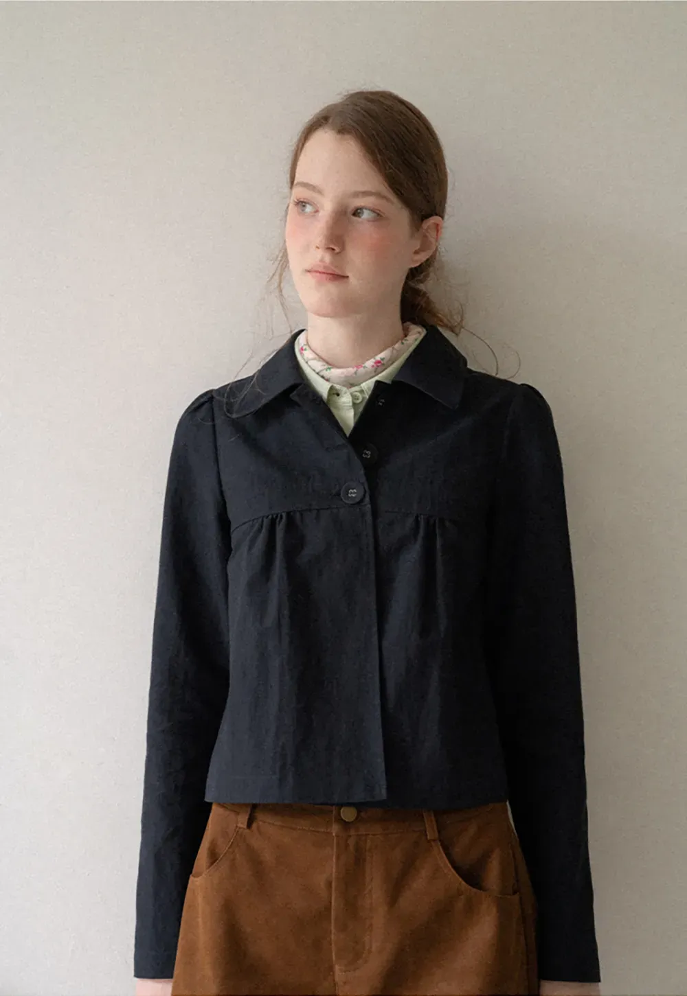 Cropped Shirt with Pleated Yoke and Collar