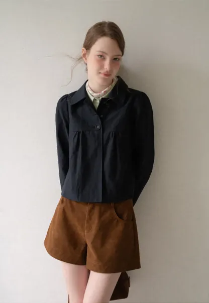 Cropped Shirt with Pleated Yoke and Collar
