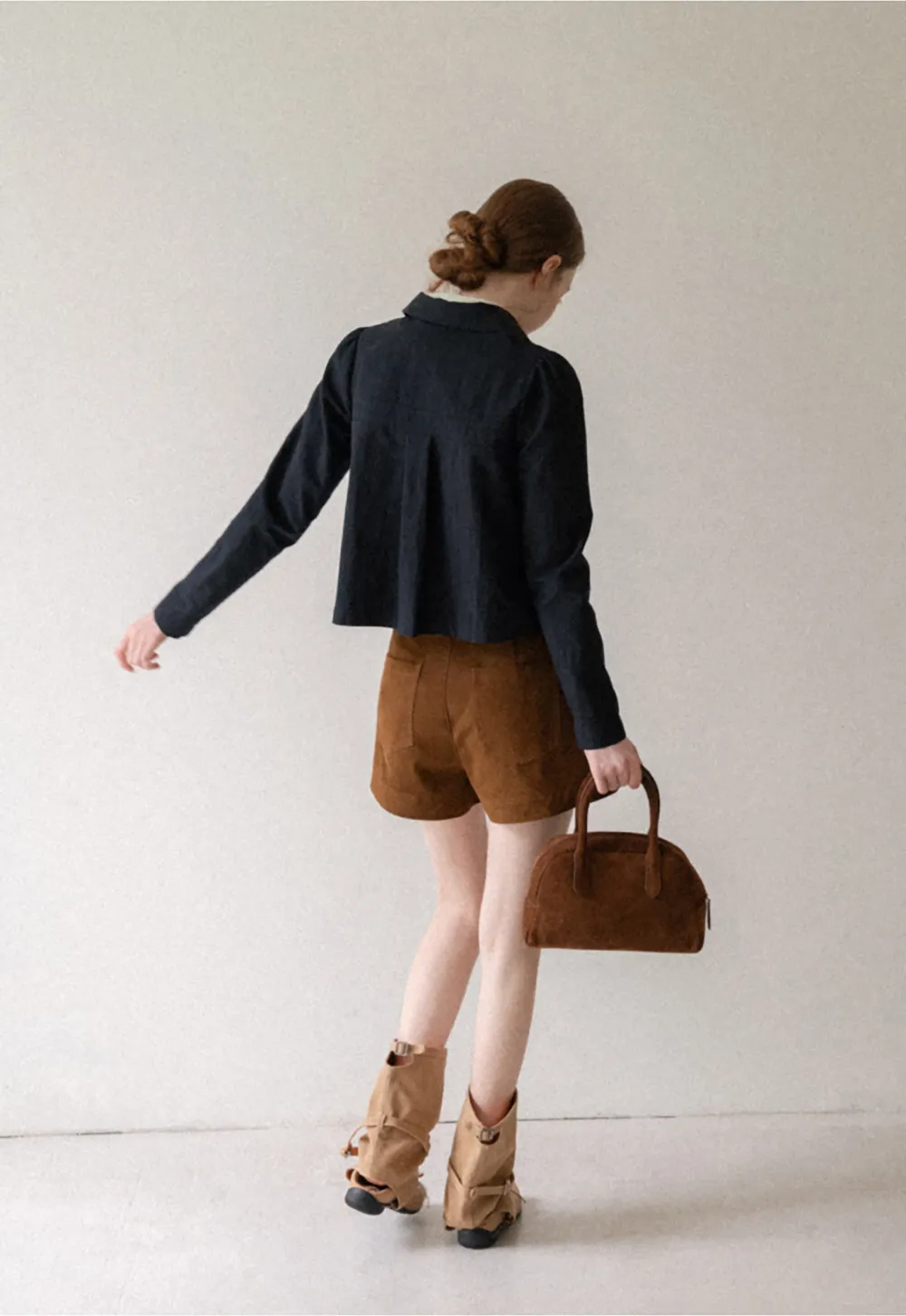 Cropped Shirt with Pleated Yoke and Collar