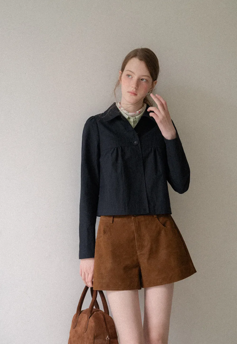 Cropped Shirt with Pleated Yoke and Collar