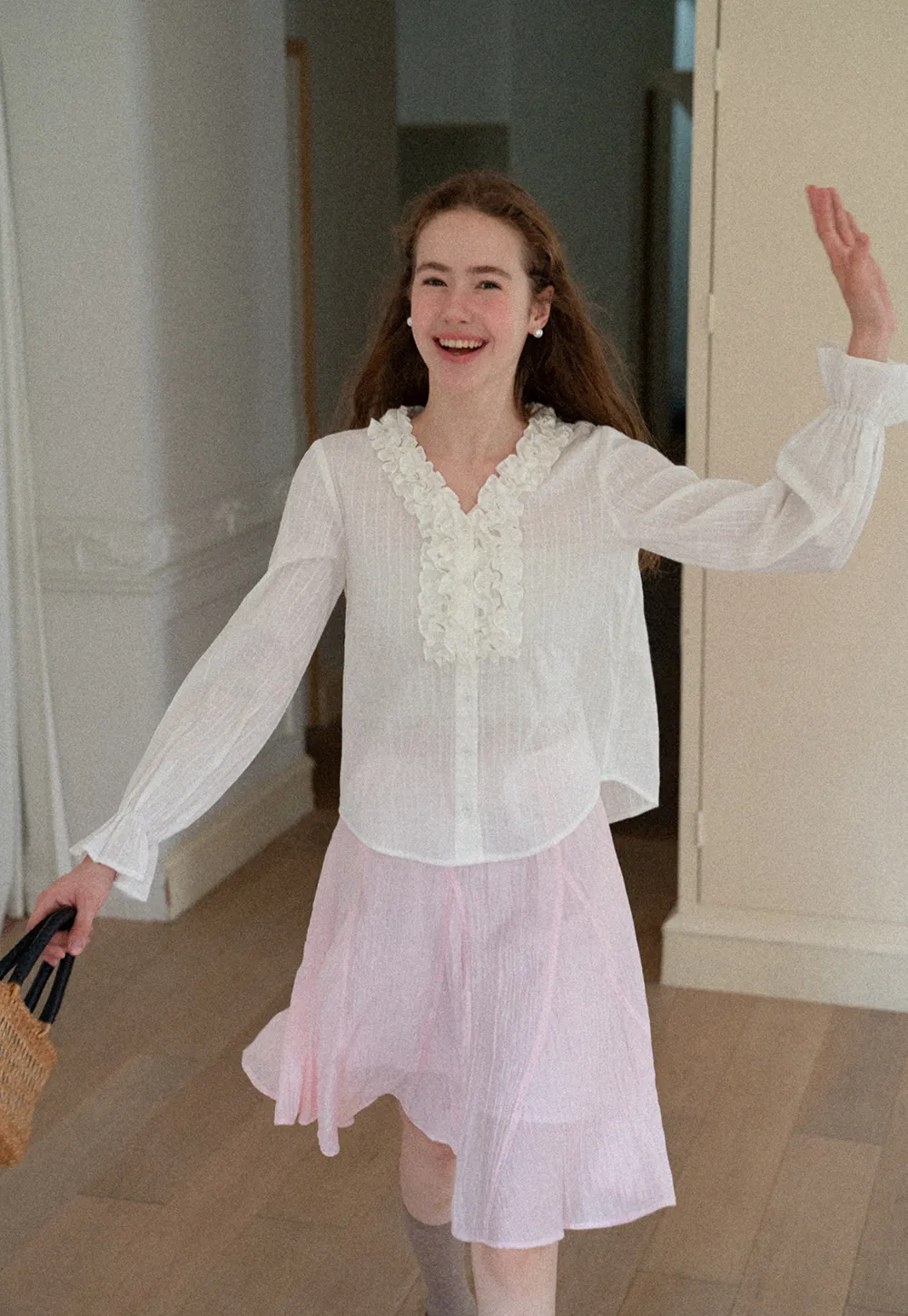 Ruffled Collar Sheer Long Sleeve Shirt